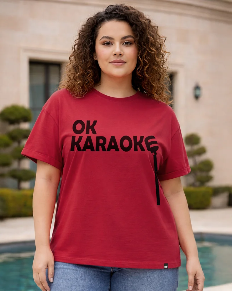 bewakoof Women's Bold Red Ok Karaoke Typography Boyfriend Plus Size T-shirt